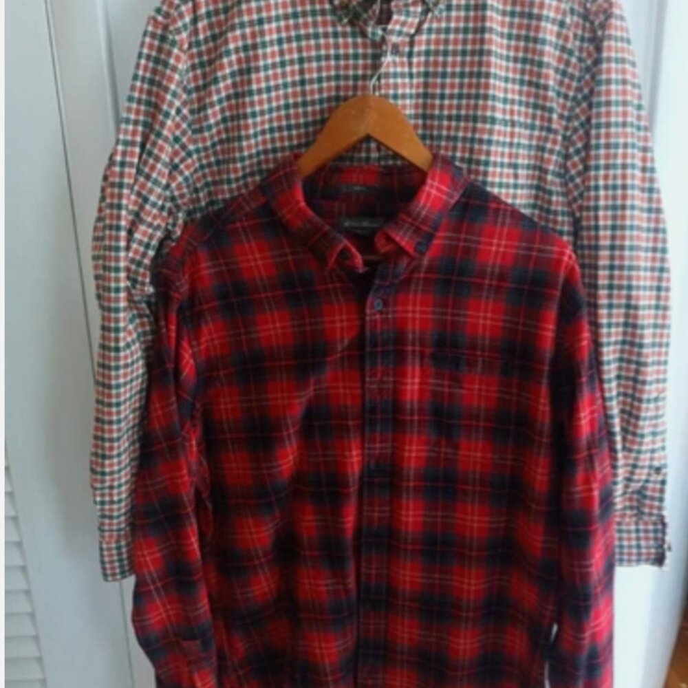 2 Eddie Bauer Flannel Shirt Men Size Large Red Plaid Check Button Downs
